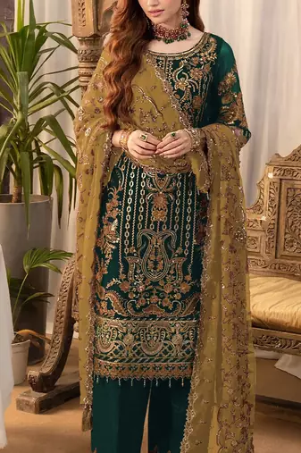 Dark green embroderied silk palazzo suit