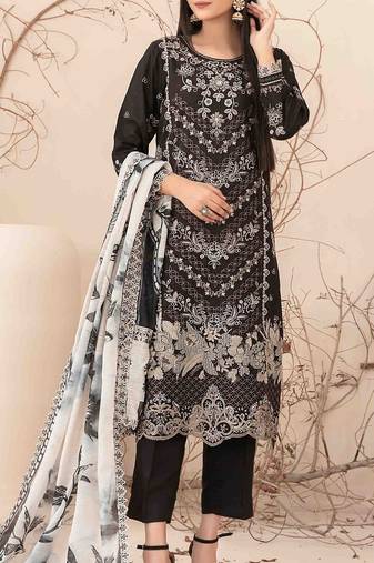 Black embroderied cotton semi-stitched salwar suit
