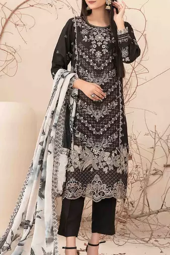 Black embroderied cotton semi-stitched salwar suit