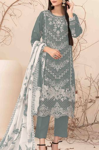 Grey embroderied cotton salwar suit