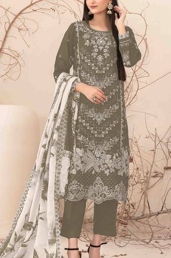 Olive embroderied cotton salwar suit