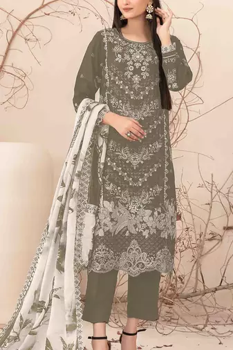 Olive embroderied cotton salwar suit