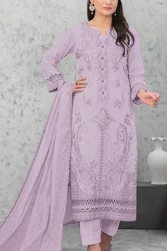 Lavender embroderied cotton semi-stitched salwar suit