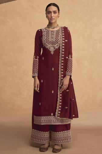 Maroon embroderied silk semi-stitched plazzo suit