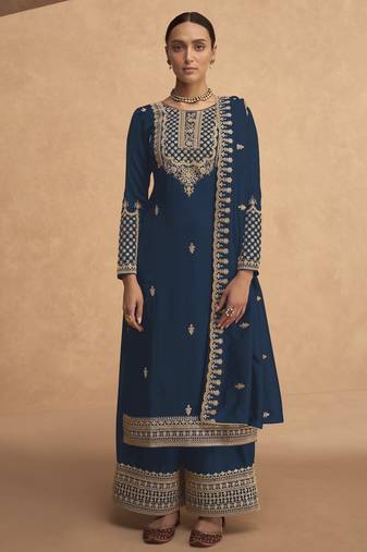Blue embroderied silk palazzo suit