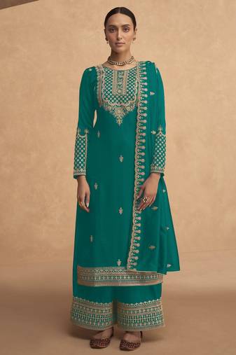 Mint green embroderied silk palazzo suit