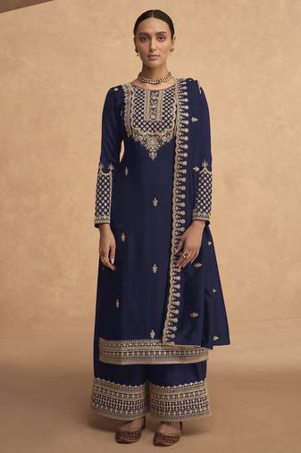 Navy blue embroderied silk palazzo suit