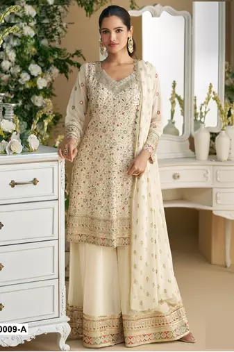 Off-white embroderied faux georgette semi-stitched plazzo suit