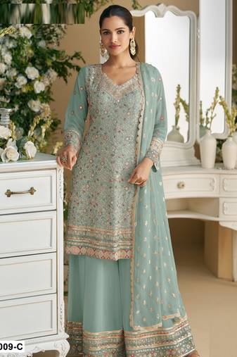 Sky-blue embroderied faux georgette palazzo suit