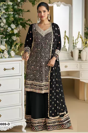 Black embroderied faux georgette palazzo suit