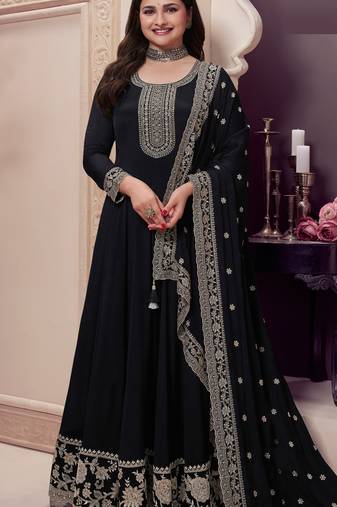 Black embroderied silk anarkali suit
