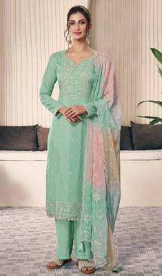 Mint green embroderied silk salwar suit 1