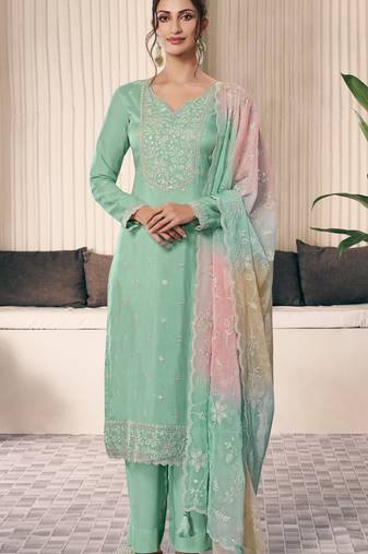 Mint green embroderied silk salwar suit