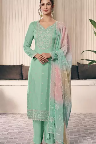 Mint green embroderied silk salwar suit