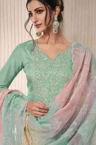Mint green embroderied silk salwar suit