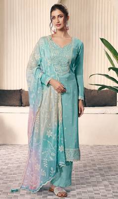Aqua blue embroderied silk salwar suit 1
