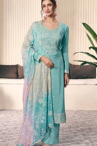 Aqua blue embroderied silk salwar suit