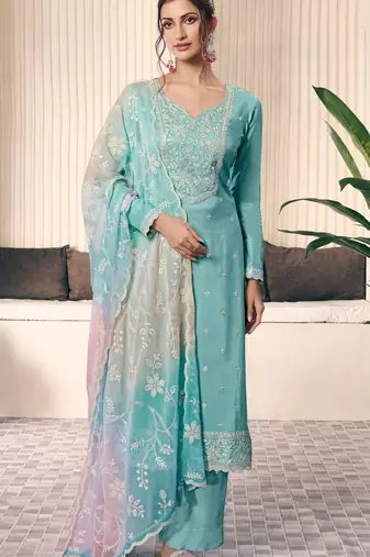Aqua blue embroderied silk salwar suit