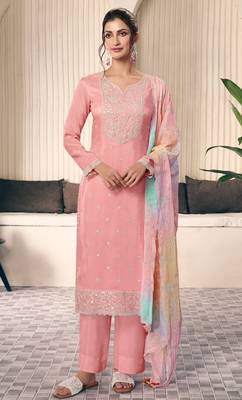 Peach embroderied silk salwar suit 1