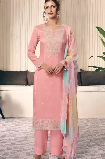 Peach embroderied silk salwar suit