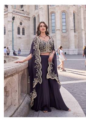 Purple real premium silk stitched shrug suit with embroidery  1