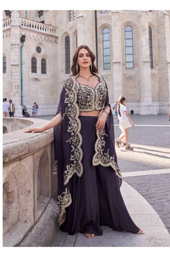 Purple real premium silk stitched shrug suit with embroidery work