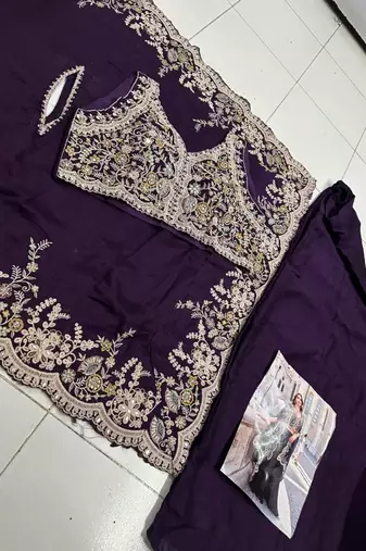 Purple real premium silk stitched shrug suit with embroidery 