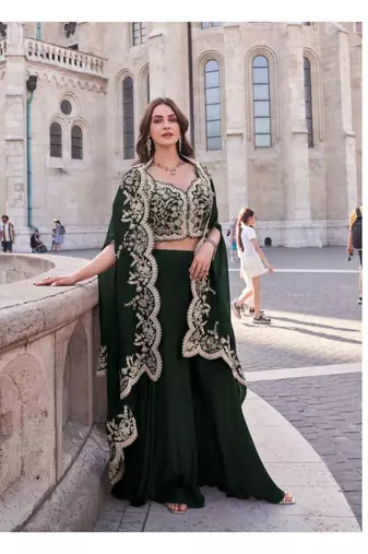 Green silk shrug suit with embroidery work