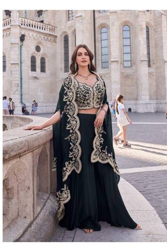 Black silk shrug suit with embroidery work