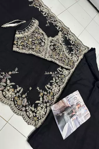 Black silk shrug suit with embroidery 