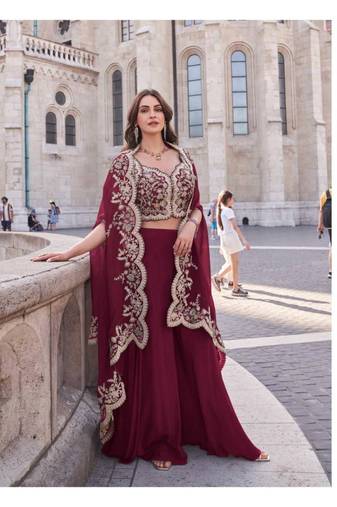 Red silk shrug suit with embroidery work