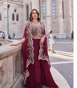 Red silk shrug suit with embroidery work