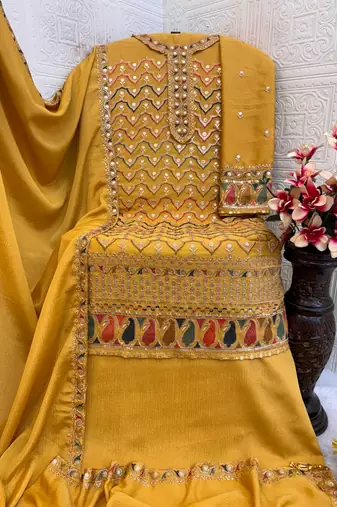 Yellow embroidered chinon salwar suit