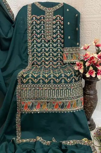 Dark green premium embroidered chinon salwar suit