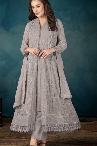 Grey heavy faux georgette semi stitched suit with embroidered sequence work