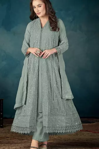 Sea green heavy faux georgette suit with embroidered sequence work