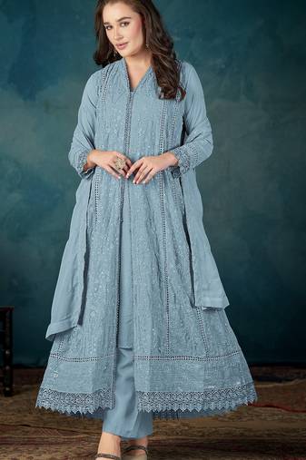 Sky blue heavy faux georgette suit with embroidered sequence work