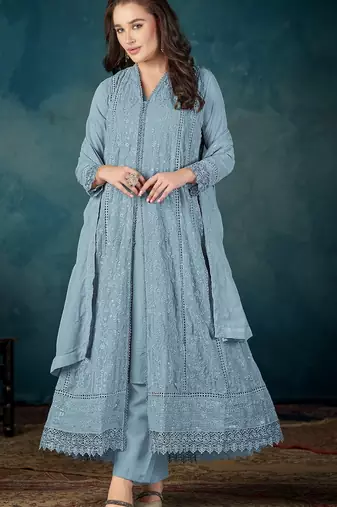 Sky blue heavy faux georgette suit with embroidered sequence work