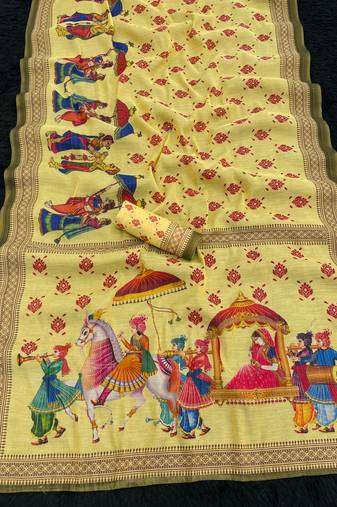 Yellow all over printed shimmar saree with unstitched blouse