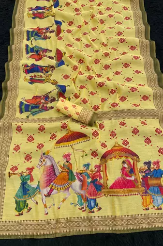 Yellow all over printed shimmar saree with unstitched blouse