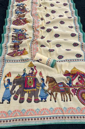 Cream all over printed shimmar saree with unstitched blouse