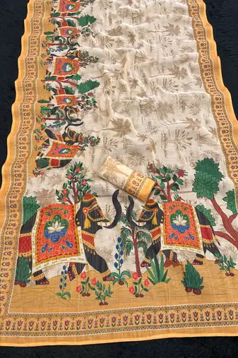 Mustard all over printed shimmar saree with unstitched blouse