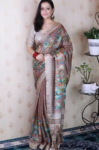 soft tussar silk blend nature printed zari woven saree