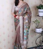 soft tussar silk blend nature printed zari woven saree