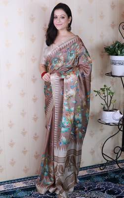 soft tussar silk blend nature printed zari woven saree 3