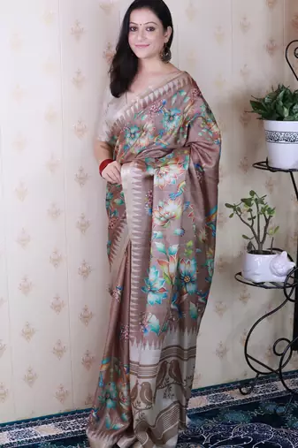 soft tussar silk blend nature printed zari woven saree