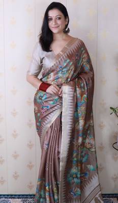 soft tussar silk blend nature printed zari woven saree 4