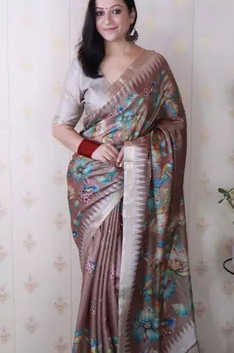 soft tussar silk blend nature printed zari woven saree