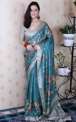 soft tussar silk blend nature printed zari woven saree 1