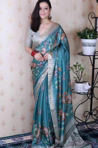 soft tussar silk blend nature printed zari woven saree